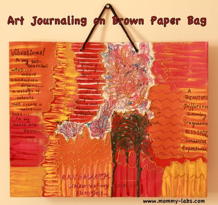 art journaling on brown paer bag